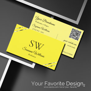 Yellow Cream with Silver Lines Monogram QR Code Business Card