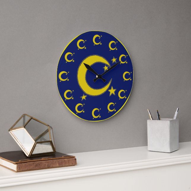 Yellow Crescent Moon Blue Night Sky Star Astronomy Large Clock (Office)