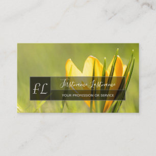 Yellow crocus blossom grey rectangle monogram business card