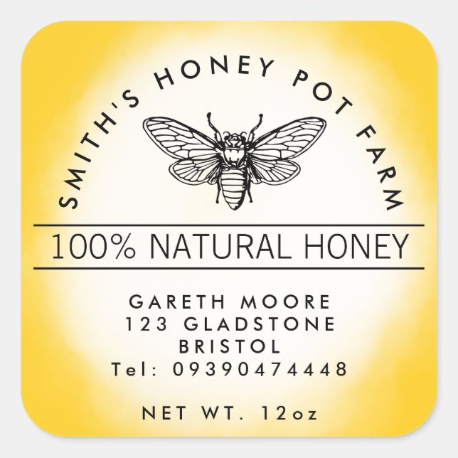 Yellow Custom Honey Jar Label with Bee (Front)