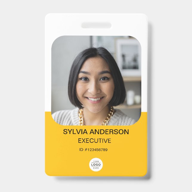 Yellow Custom Photo Employee ID Logo QR Code Badge (Front)