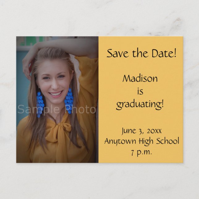 Yellow Custom Photo Graduation Save the Date Card (Front)