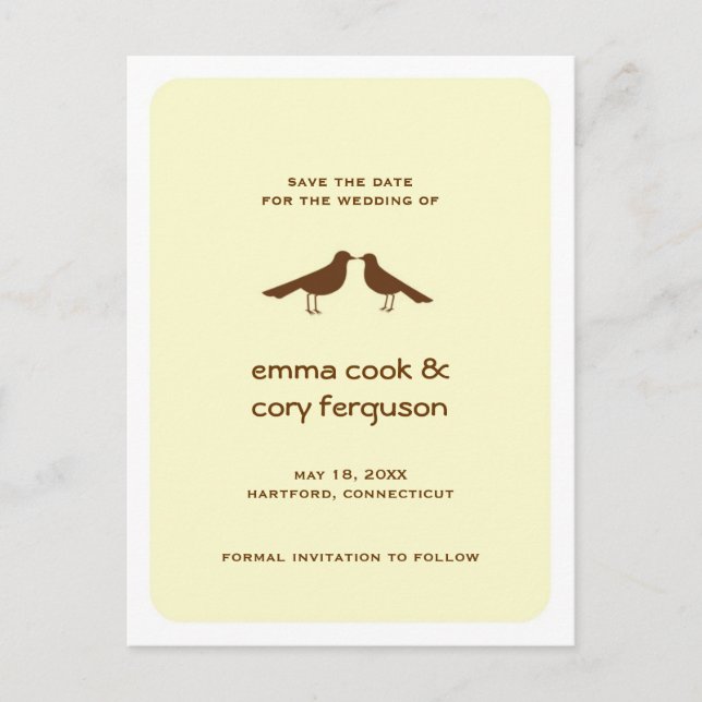 Yellow custom save the date love birds flat card (Front)