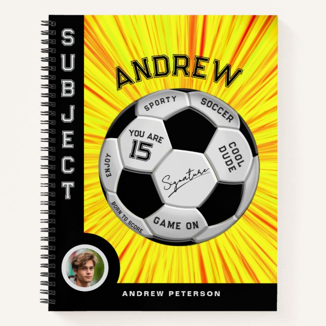 Yellow Custom Text Soccer Ball Birthday Milestone Notebook (Front)