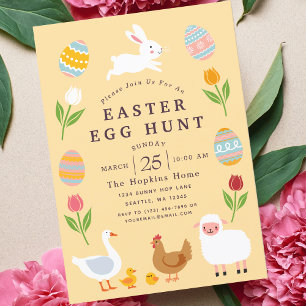 Yellow Cute Animals Floral Easter Egg Hunt Invitation