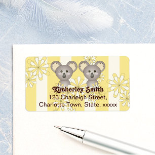 Yellow Cute Baby Twin Koalas Return Address Label