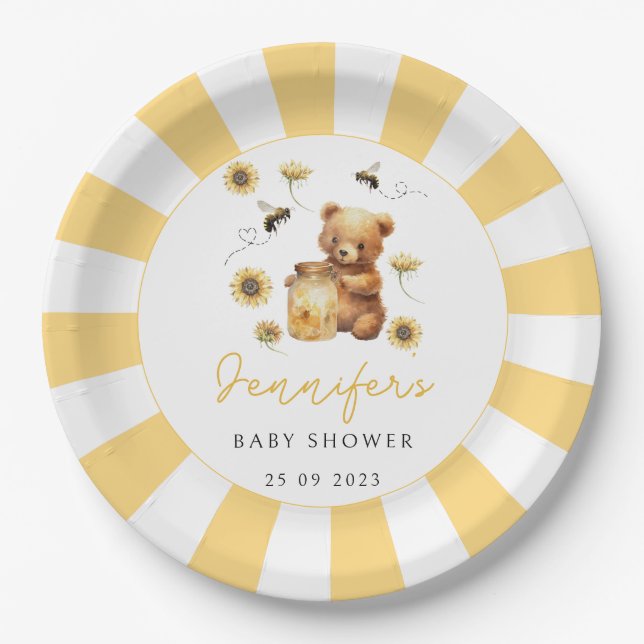 Yellow cute bear honey bee baby boy shower paper plate (Front)