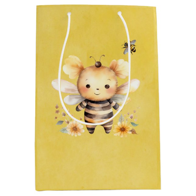 Yellow Cute Bee Florals Baby Shower Medium Gift Bag (Front)