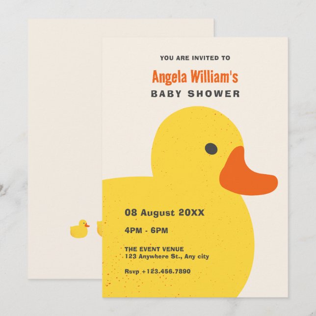 Yellow cute duck baby shower invitation (Front/Back)