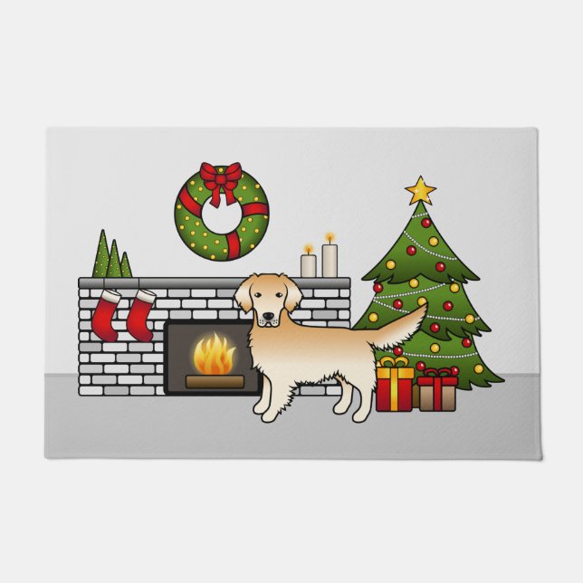 Yellow Cute Golden Retriever In A Festive Room Doormat (Front)