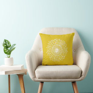 Yellow Cute Graphic Sunflower Sketch Floral  Cushion