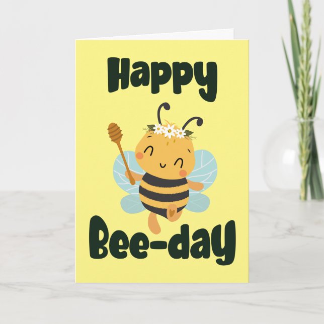 Yellow Cute Happy Bee-day  Bumblebee folded card (Front)