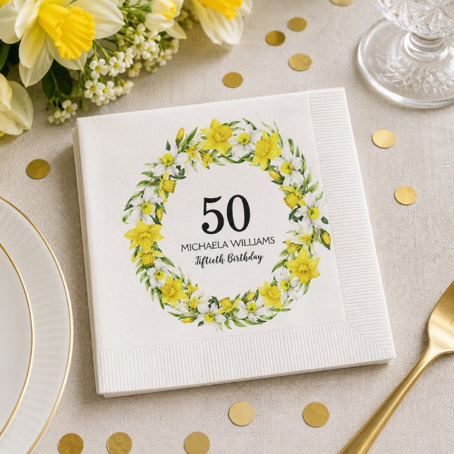Yellow Daffodil 50th Birthday Party Napkin (Add Name / edit text to personalize as required.  Matching items available)
