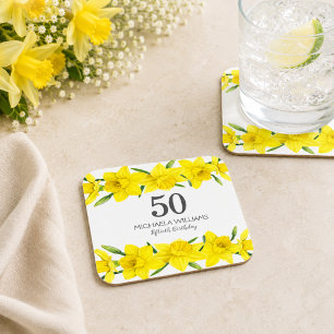 Yellow Daffodil 50th Birthday Party Personalised Square Paper Coaster