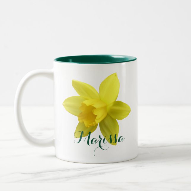 Yellow Daffodil Bloom Green Name Two-Tone Coffee Mug (Left)