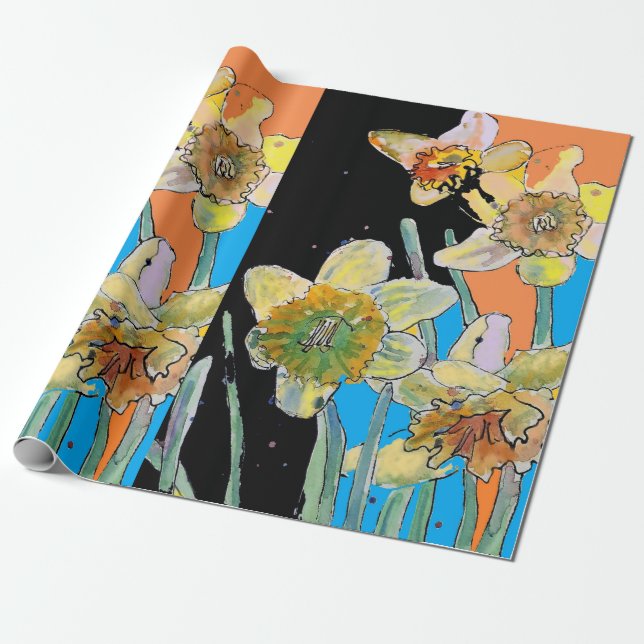 Yellow Daffodil Blue Spring flowers Art Watercolor Wrapping Paper (Unrolled)