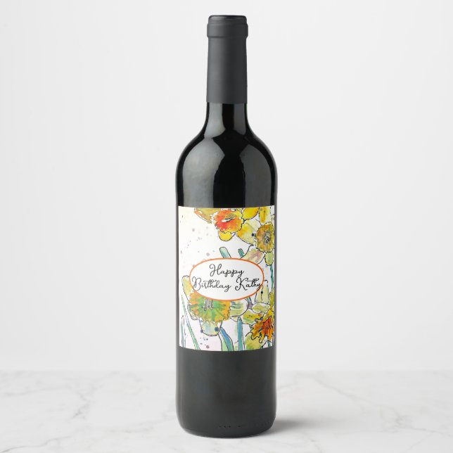 Yellow Daffodil Daffodils flower Watercolor Wine Label (Front)