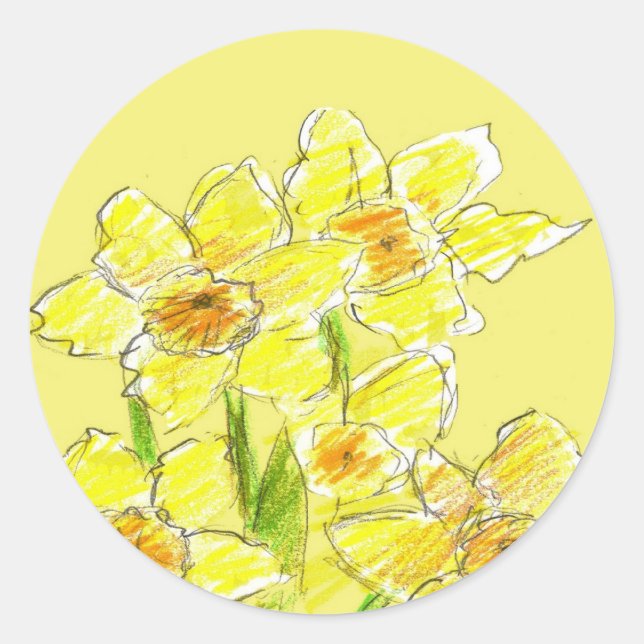 Yellow Daffodil Drawing Watercolor Spring Flowers Classic Round Sticker (Front)