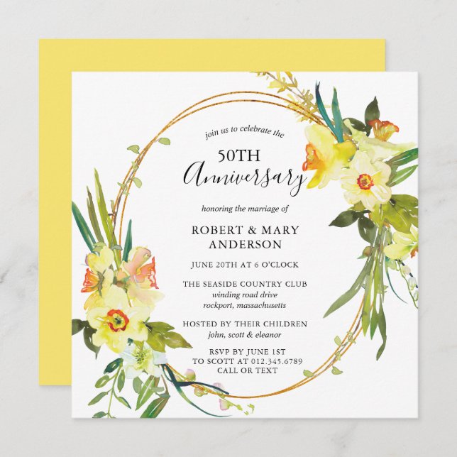 Yellow Daffodil Floral 50th Anniversary Party Invitation (Front/Back)