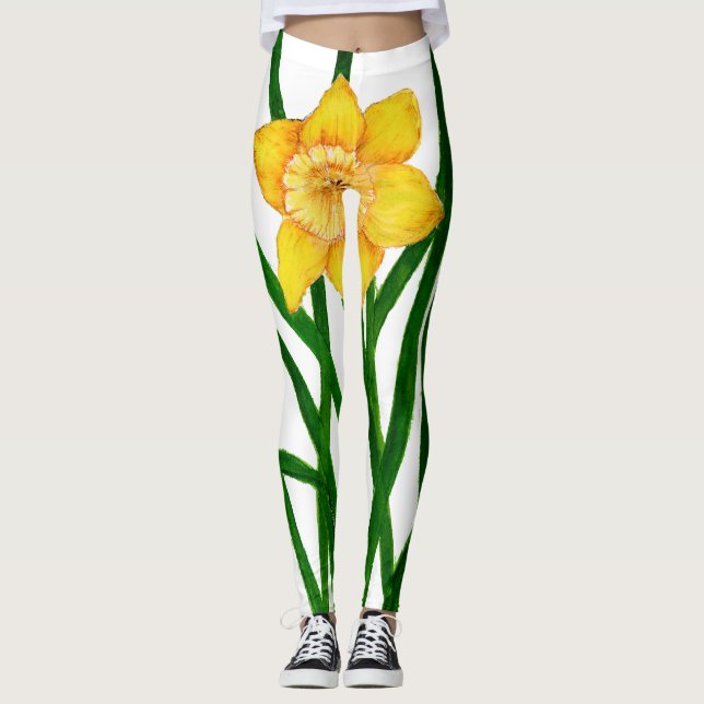 Yellow Daffodil Floral Watercolor Painting Leggings (Front)
