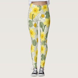 Yellow Daffodil Floral with Black Polka Dots Leggings