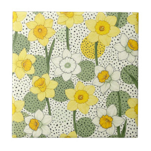 Yellow Daffodil Floral with Black Polka Dots Tile