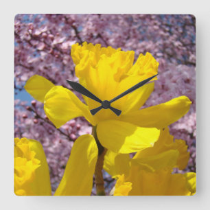 Yellow Daffodil Flowers Wall Clocks Pink Blossoms