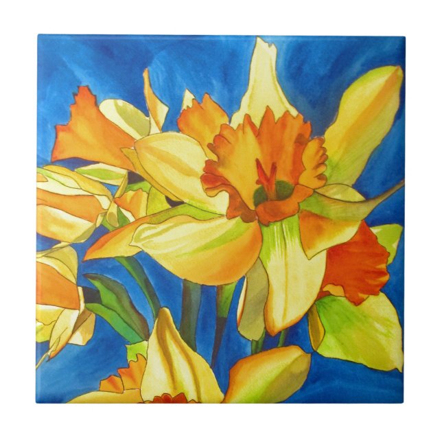Yellow daffodil narcissus watercolour painting tile (Front)