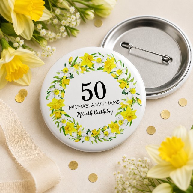 Yellow Daffodil Personalised Fiftieth Birthday 3 Cm Round Badge (Add Name / edit text to personalize.  Matching items available.)