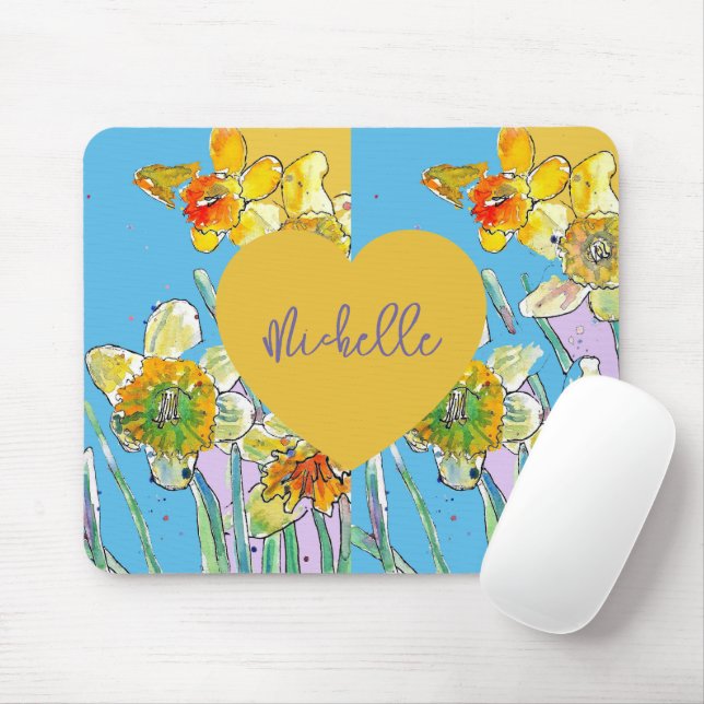 Yellow Daffodil Purple floral Womans Mouse Mat Pad (With Mouse)