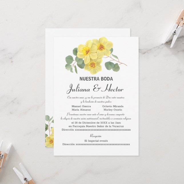 YELLOW DAFFODIL WATERCOLOR WEDDING INVITATION (Front/Back In Situ)