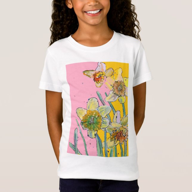 Yellow Daffodil watercolour art Girls T Shirt (Front)