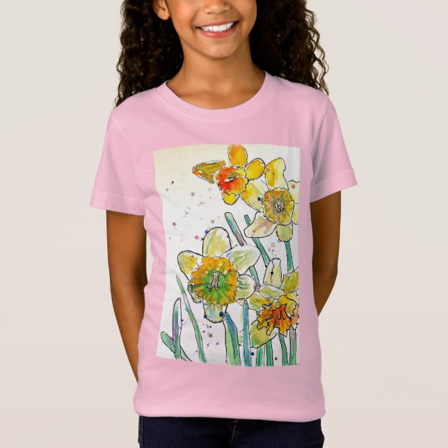 Yellow Daffodil watercolour art Girls T Shirt pink (Front)