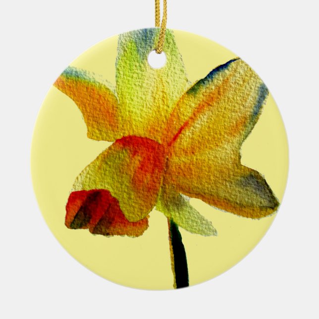Yellow Daffodil watercolour art Spring Flower Ceramic Tree Decoration (Front)