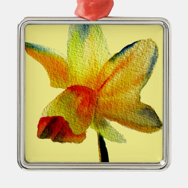 Yellow Daffodil watercolour art Spring Flower Metal Tree Decoration (Front)