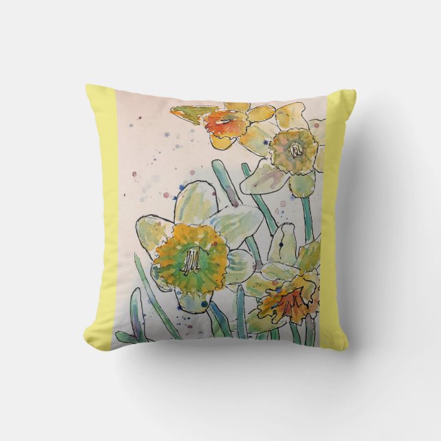 Yellow Daffodil Watercolour Flower floral Cushion (Front)