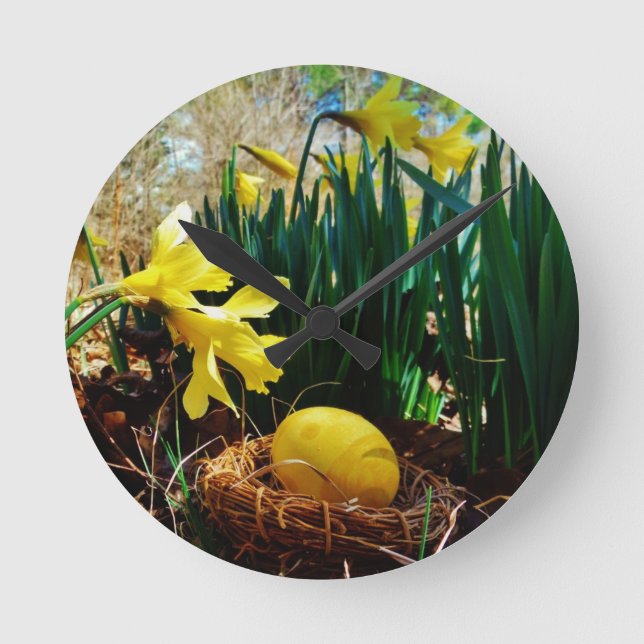 Yellow Daffodils and a Yellow Easter egg Round Clock (Front)
