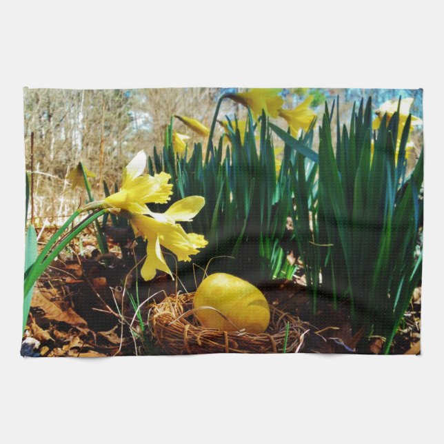 Yellow Daffodils and a Yellow Easter egg Tea Towel (Horizontal)