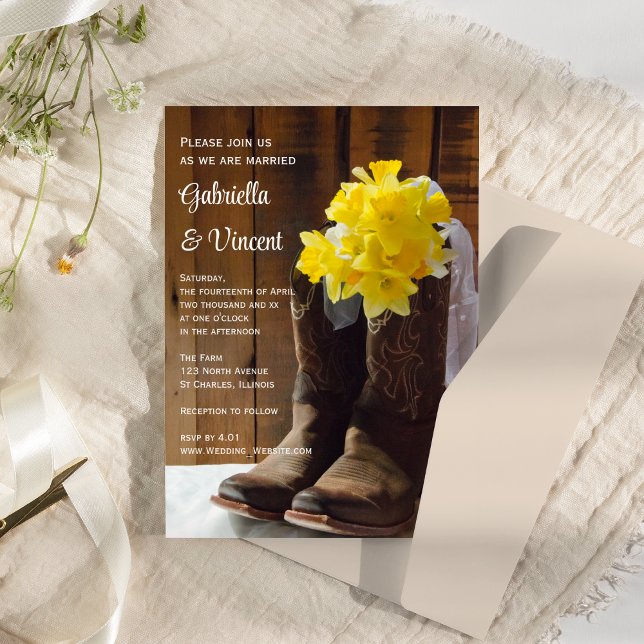 Yellow Daffodils and Cowboy Boots Western Wedding Invitation (Creator Uploaded)