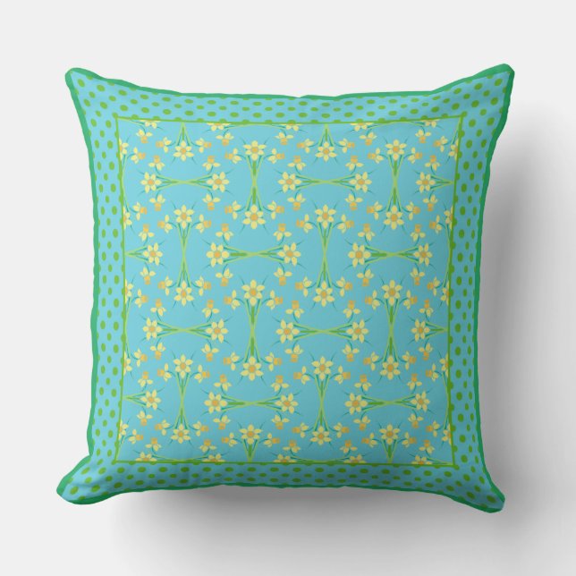 Yellow Daffodils and Polka Dots on Turquoise Blue Cushion (Front)