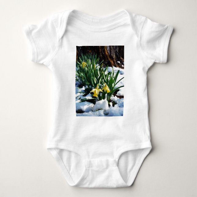 Yellow Daffodils flowers in the snow Baby Bodysuit (Front)