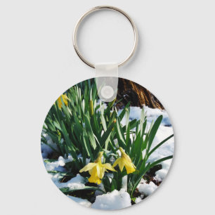 Yellow Daffodils flowers in the snow Key Ring