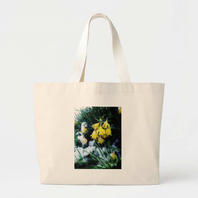 Yellow Daffodils flowers in the snow Large Tote Bag (Front)