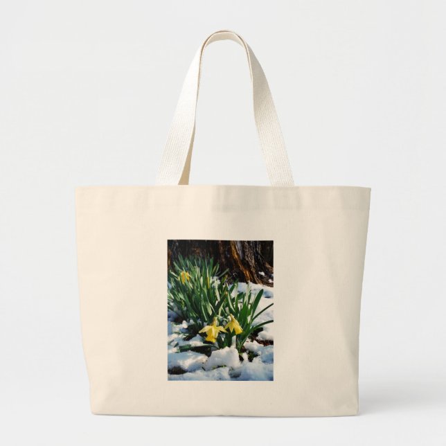 Yellow Daffodils flowers in the snow Large Tote Bag (Front)