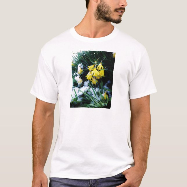 Yellow Daffodils flowers in the snow T-Shirt (Front)