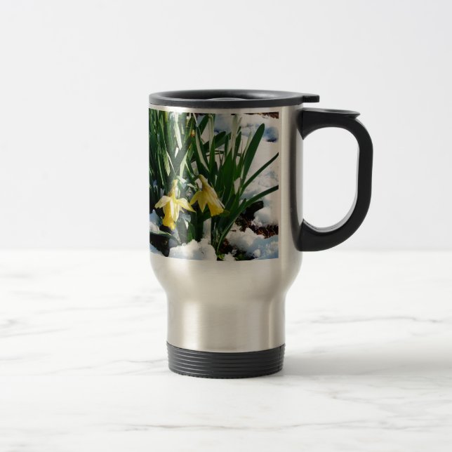 Yellow Daffodils flowers in the snow Travel Mug (Right)