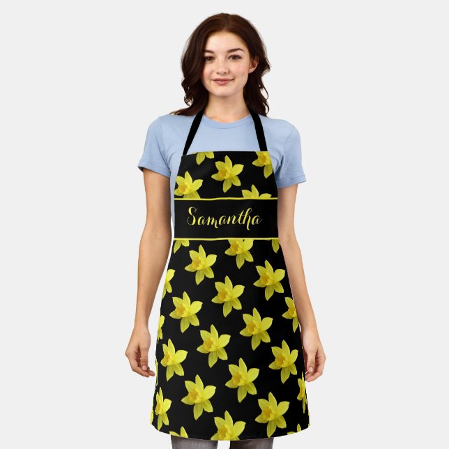 Yellow Daffodils on Black Personalised Apron (Worn)