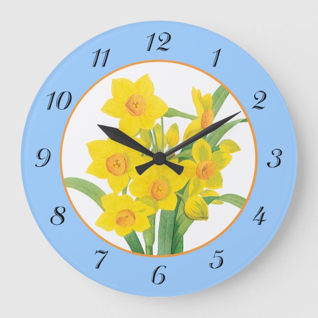 Yellow Daffodils on Blue Floral Wall Clock (Front)