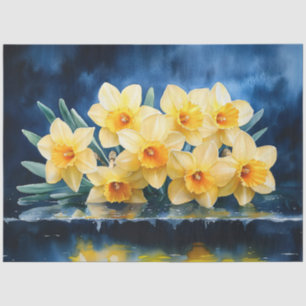 Yellow Daffodils on Blue Watercolor Decoupage Tissue Paper