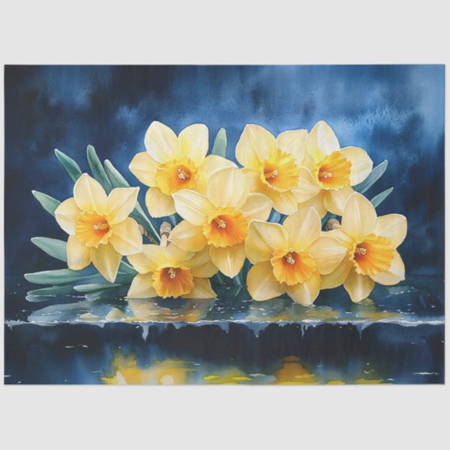 Yellow Daffodils on Blue Watercolor Decoupage Tissue Paper (Front)